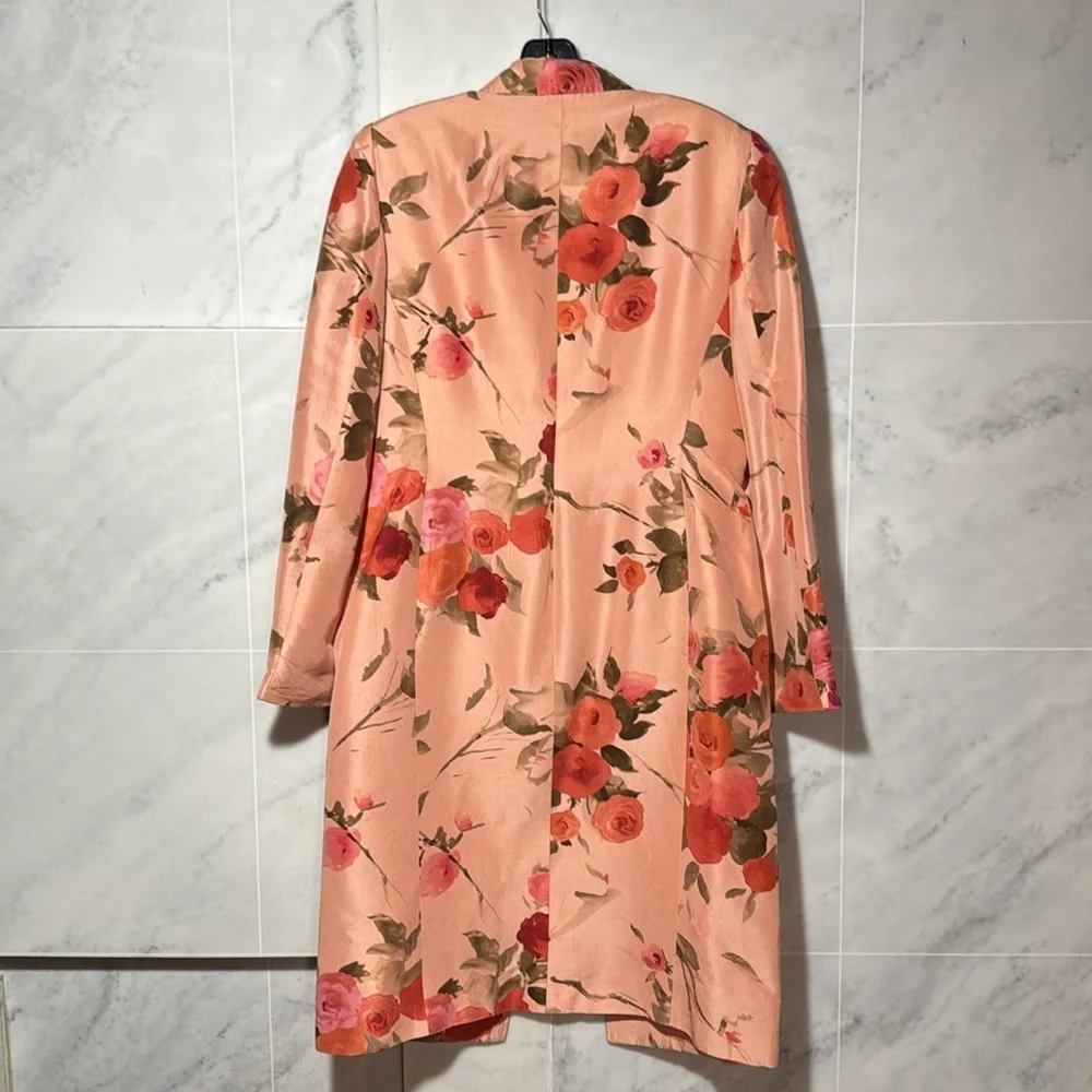 Anne Klein Statement Floral Pink 100% Silk  Long Blazer size 8